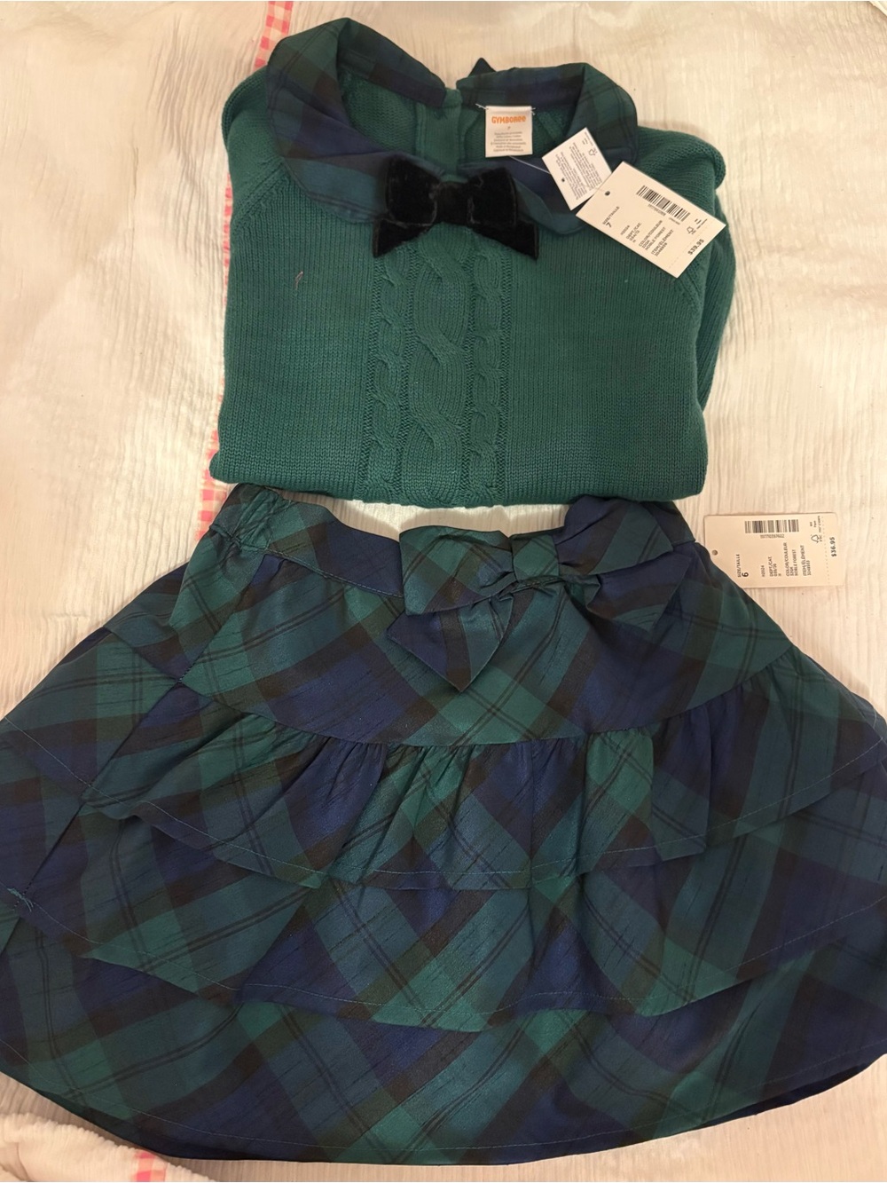 Gymboree Green Cable Knit Sweater with Plaid Collar & Matching Plaid Skirt Set
